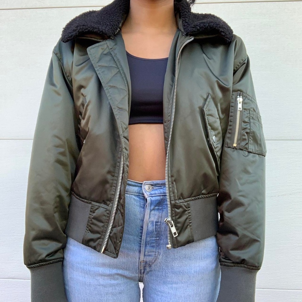 Silence + Noise Bomber Jacket with Sherpa Collar in Dusty Olive Green Size Small